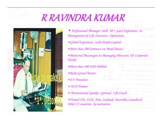 •
• Professional Manager with 30 + years Experience in
Professional Manager with 30 + years Experience in
Management of Life Insurance Operations.
Management of Life Insurance Operations.
•
•Global Experience with People Capital
Global Experience with People Capital
•
•More then 200 Seminars on Mind Power.
More then 200 Seminars on Mind Power.
•
•Mentored Messengers to Managing Directors. Of Corporate
Mentored Messengers to Managing Directors. Of Corporate
World.
World.
•
•More then 100 Web Publish
More then 100 Web Publish
•
•Reiki Grand Master
Reiki Grand Master
•
•T.V Presenter
T.V Presenter
•
• NLP Trainer
NLP Trainer
•
• Motivational Speaker ,
Motivational Speaker ,Spritual
Spritual Life Coach
Life Coach
•
•Visited UK ,USA, New Zealand, Australia, Canada &
Visited UK ,USA, New Zealand, Australia, Canada &
Other 12 countries by invitation
Other 12 countries by invitation
 