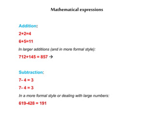 Mathematical expressions
Addition:
2+2=4
6+5=11
In larger additions (and in more formal style):
712+145 = 857 
Subtraction:
7- 4 = 3
7- 4 = 3
In a more formal style or dealing with large numbers:
619-428 = 191
 