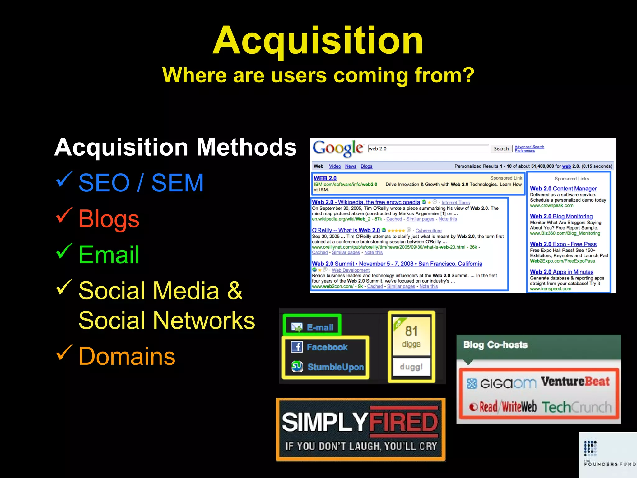 Acquisition Where are users coming from? Acquisition Methods SEO / SEM Blogs Email Social Media & Social Networks Domains 