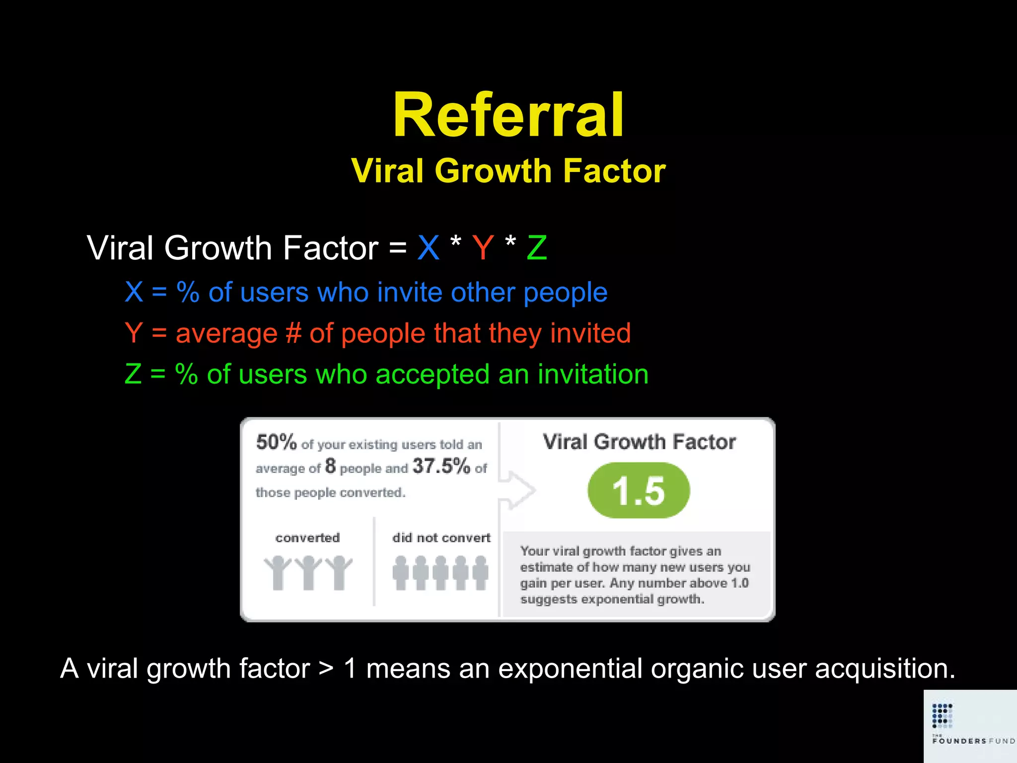 Referral Viral Growth Factor Viral Growth Factor =  X  *  Y  *  Z X = % of users who invite other people Y = average # of people that they invited Z = % of users who accepted an invitation A viral growth factor > 1 means an exponential organic user acquisition. 