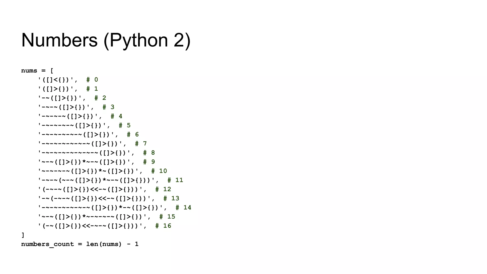 Numbers (Python 2)
nums = [
'([]<{})', # 0
'([]>{})', # 1
'-~([]>{})', # 2
'-~-~([]>{})', # 3
'-~-~-~([]>{})', # 4
'-~-~-~-~([]>{})', # 5
'-~-~-~-~-~([]>{})', # 6
'-~-~-~-~-~-~([]>{})', # 7
'-~-~-~-~-~-~-~([]>{})', # 8
'~-~([]>{})*~-~([]>{})', # 9
'~-~-~-~([]>{})*~([]>{})', # 10
'-~-~(~-~([]>{})*~-~([]>{}))', # 11
'(-~-~([]>{})<<-~([]>{}))', # 12
'-~(-~-~([]>{})<<-~([]>{}))', # 13
'-~-~-~-~-~-~([]>{})*-~([]>{})', # 14
'~-~([]>{})*~-~-~-~([]>{})', # 15
'(-~([]>{})<<-~-~([]>{}))', # 16
]
numbers_count = len(nums) - 1
 