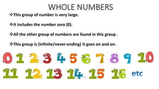 This group of number is very large.
It includes the number zero (0).
All the other group of numbers are found in this group .
This group is (infinite/never-ending) it goes on and on.
BY AFIYA CLYNE
 