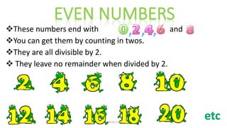 These numbers end with and
You can get them by counting in twos.
They are all divisible by 2.
 They leave no remainder when divided by 2.
BY AFIYA CLYNE
 
