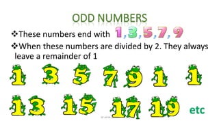 These numbers end with
When these numbers are divided by 2. They always
leave a remainder of 1
BY AFIYA CLYNE
 