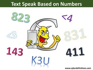 www.cyberdefinitions.com
Text Speak Based on Numbers
 