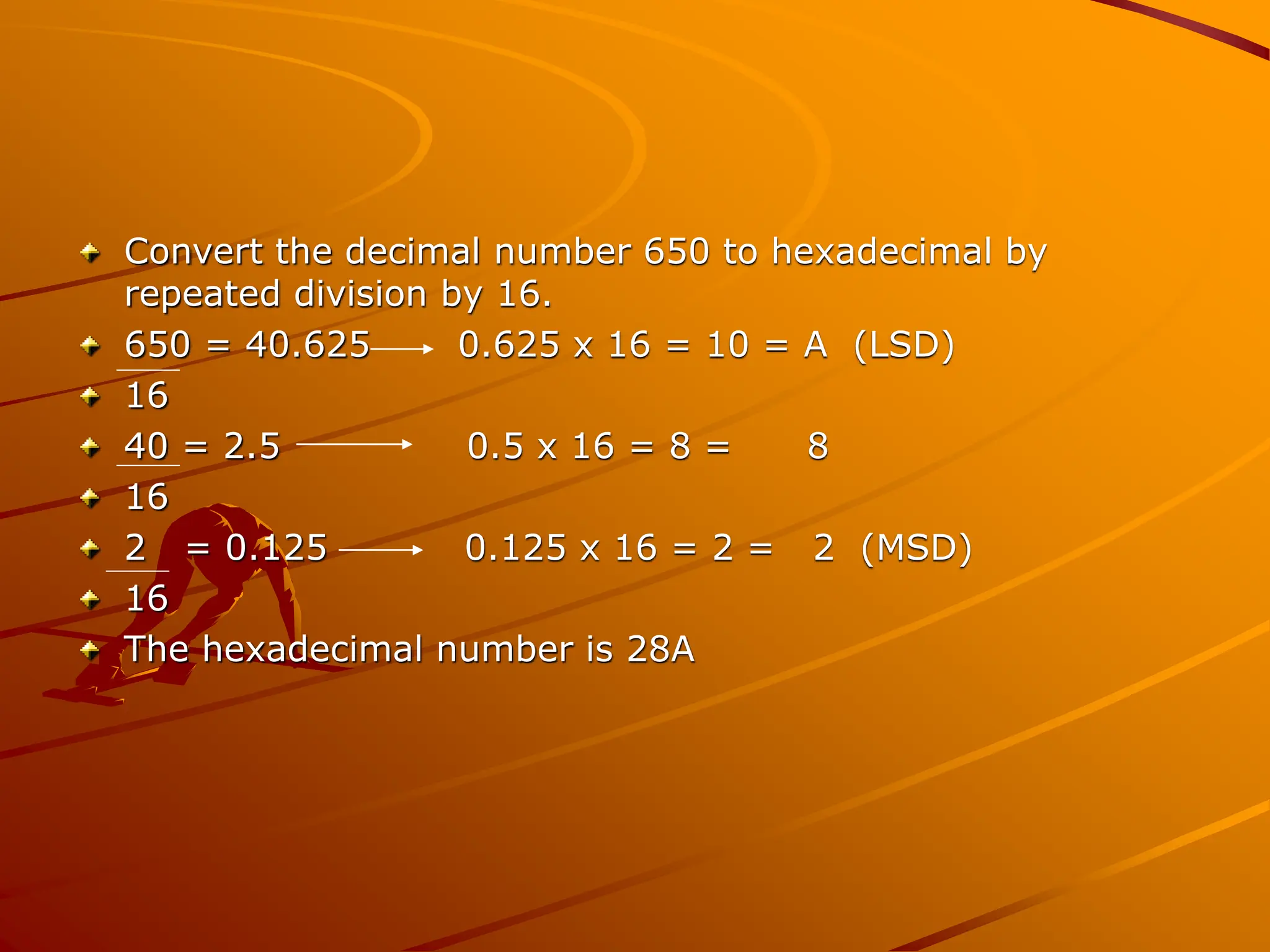 Convert the decimal number 650 to hexadecimal by
repeated division by 16.
650 = 40.625 0.625 x 16 = 10 = A (LSD)
16
40 = 2.5 0.5 x 16 = 8 = 8
16
2 = 0.125 0.125 x 16 = 2 = 2 (MSD)
16
The hexadecimal number is 28A
 
