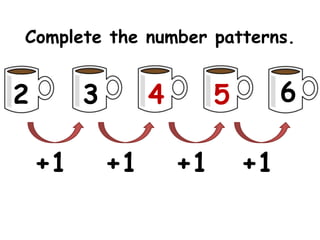 Complete the number patterns.


2        3        4        5        6

    +1       +1       +1       +1
 