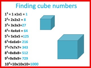 13
= 1 x1x1 = 1
23
= 2x2x2 = 8
33
= 3x3x3=27
43
= 4x4x4 = 64
53
= 5x5x5 =125
63
=6x6x6= 216
73
=7x7x7= 343
83
=8x8x8= 512
93
=9x9x9= 729
103
=10x10x10=1000
 