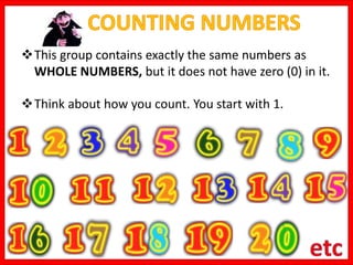 This group contains exactly the same numbers as
WHOLE NUMBERS, but it does not have zero (0) in it.
Think about how you count. You start with 1.
 