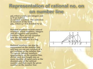    p/q where p and q are integers and
    q ! 0 are known
    as rational numbers. The collection
    of numbers of the form
    p/q , where q > 0 is denoted by Q.

    Rational numbers include natural
    numbers, whole numbers, integers
    and all negative and positive
    fractions. Here we can visualize
    how the girl collected all
    the rational numbers in a bag.

    Rational numbers can also be
    represented on the number line
    and here we can see a picture of a
    girl walking on the number line.
    To express rational numbers
    appropriately on the number line,
    divide each unit length into as
    many number of equal parts as the
    denominator of the rational
    number and then mark the given
    number on the number line.
 