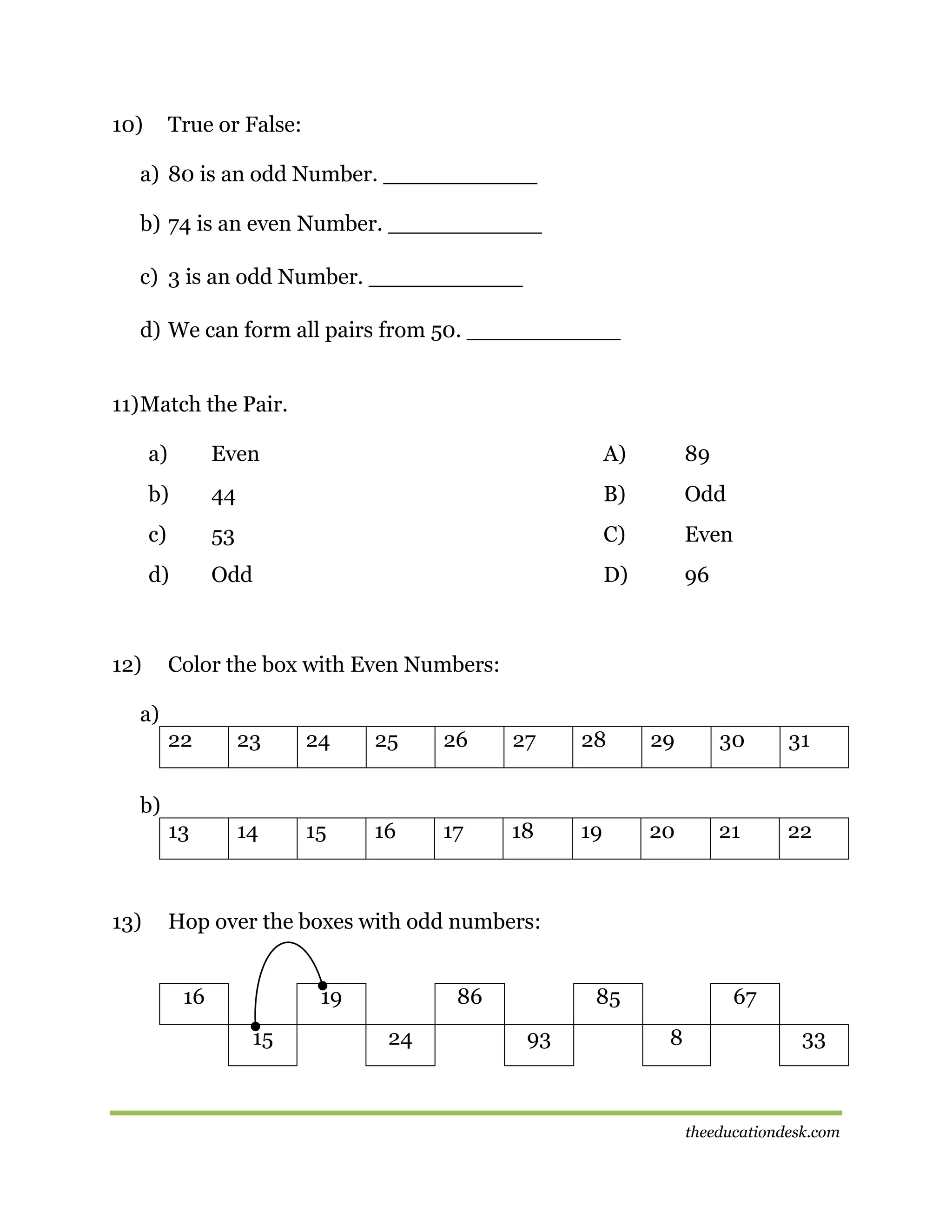10)

True or False:

a) 80 is an odd Number. ___________
b) 74 is an even Number. ___________
c) 3 is an odd Number. ___________
d) We can form all pairs from 50. ___________
11) Match the Pair.
a)

Even

A)

89

b)

44

B)

Odd

c)

53

C)

Even

d)

Odd

D)

96

12)

Color the box with Even Numbers:

a)
22

23

24

25

26

27

28

29

30

31

13

14

15

16

17

18

19

20

21

22

b)

13)

Hop over the boxes with odd numbers:
16

19
15

86
24

85
93

67
8

33

theeducationdesk.com

 
