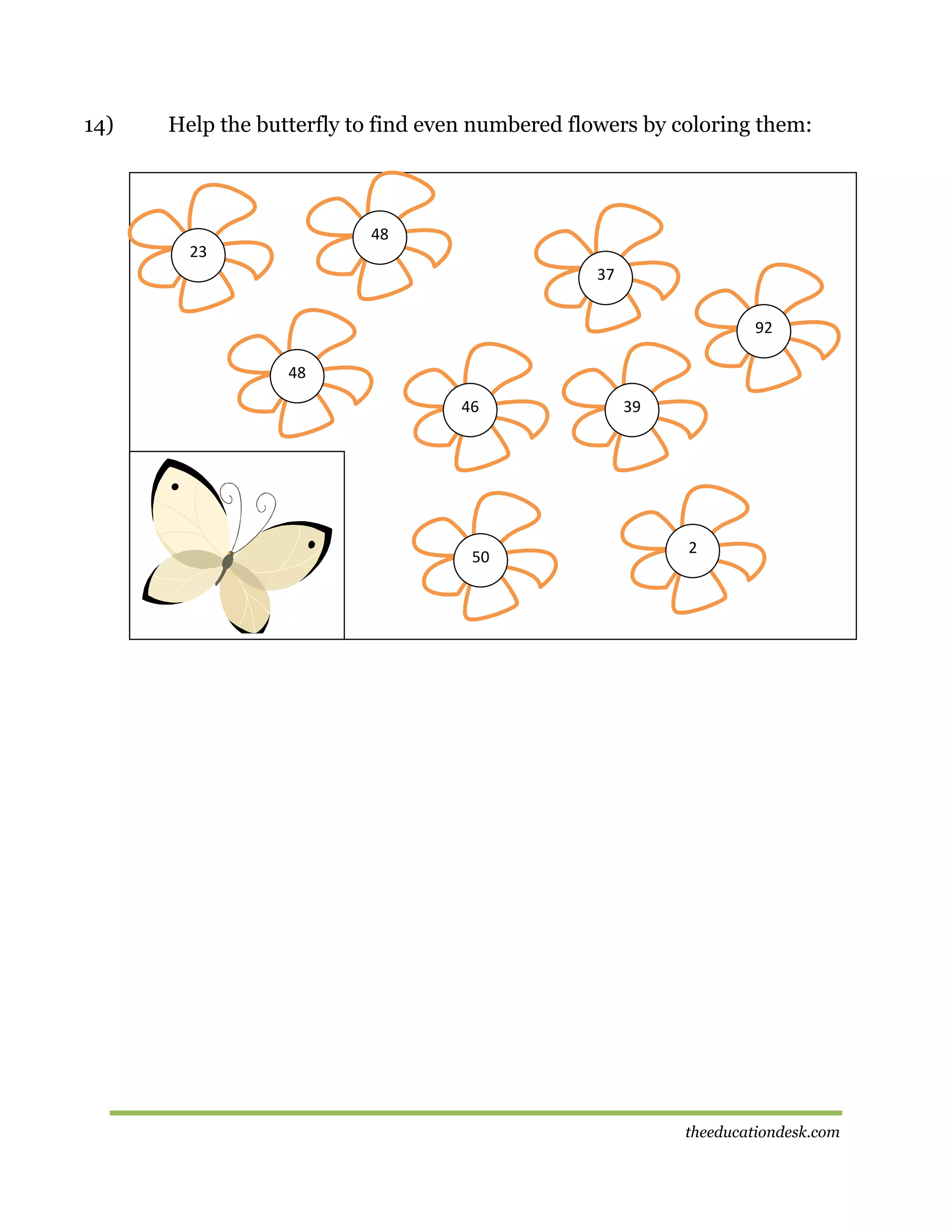 14)

Help the butterfly to find even numbered flowers by coloring them:

48
23
37
92
48
46

50

39

2

theeducationdesk.com

 