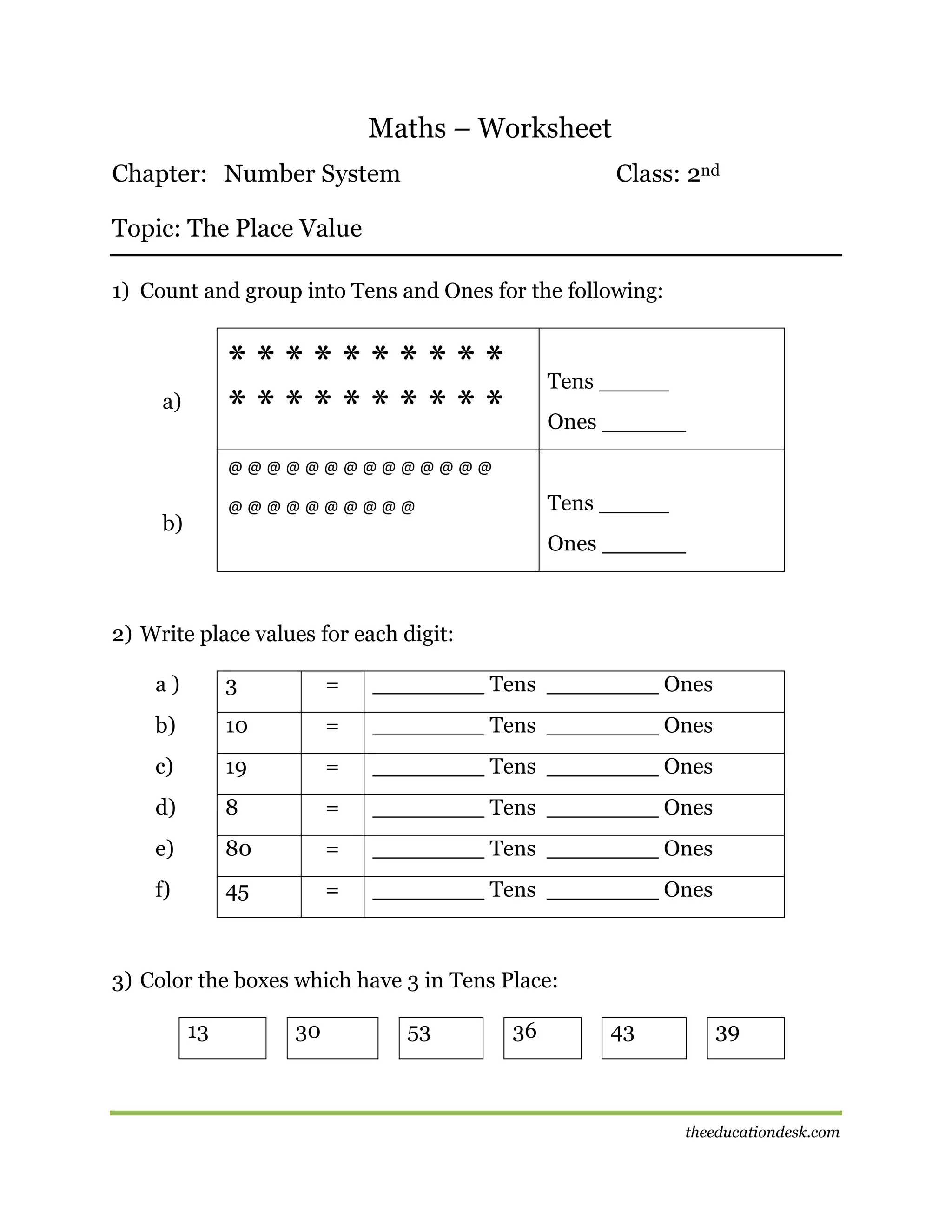 Maths – Worksheet
Chapter: Number System

Class: 2nd

Topic: The Place Value
1) Count and group into Tens and Ones for the following:

**********
**********

a)

Tens _____
Ones ______

@@@@@@@@@@@@@@

Tens _____

@@@@@@@@@@

b)

Ones ______

2) Write place values for each digit:
a)

3

=

________ Tens ________ Ones

b)

10

=

________ Tens ________ Ones

c)

19

=

________ Tens ________ Ones

d)

8

=

________ Tens ________ Ones

e)

80

=

________ Tens ________ Ones

f)

45

=

________ Tens ________ Ones

3) Color the boxes which have 3 in Tens Place:
13

30

53

36

43

39

theeducationdesk.com

 