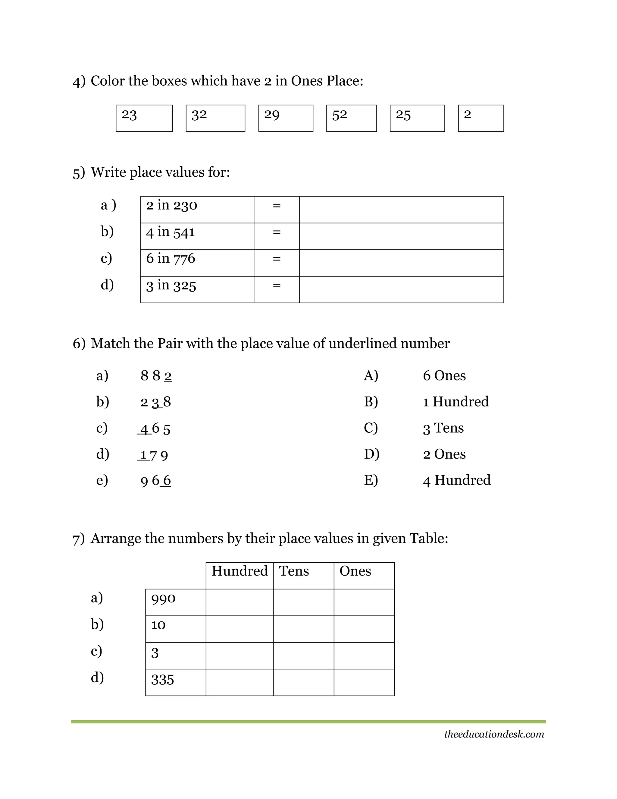 4) Color the boxes which have 2 in Ones Place:
23

32

29

52

25

2

5) Write place values for:
a)

2 in 230

=

b)

4 in 541

=

c)

6 in 776

=

d)

3 in 325

=

6) Match the Pair with the place value of underlined number
a)

882

A)

6 Ones

b)

238

B)

1 Hundred

c)

465

C)

3 Tens

d)

179

D)

2 Ones

e)

966

E)

4 Hundred

7) Arrange the numbers by their place values in given Table:
Hundred Tens
a)

990

b)

10

c)

3

d)

Ones

335

theeducationdesk.com

 