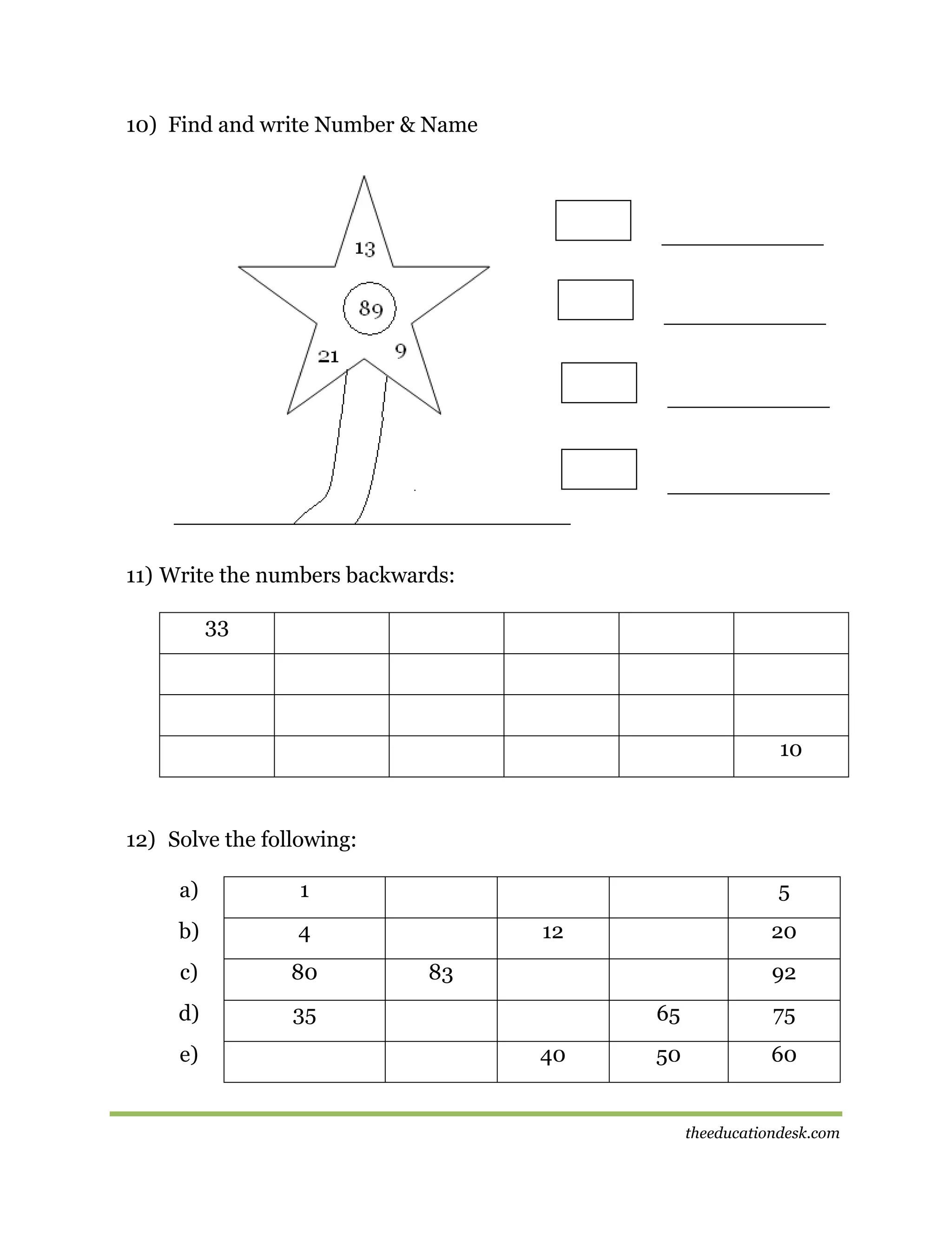 10) Find and write Number & Name

11) Write the numbers backwards:
33

10

12) Solve the following:
a)

1

b)

4

c)

80

d)

35

e)

5
12

20

83

92
65
40

75

50

60

theeducationdesk.com

 
