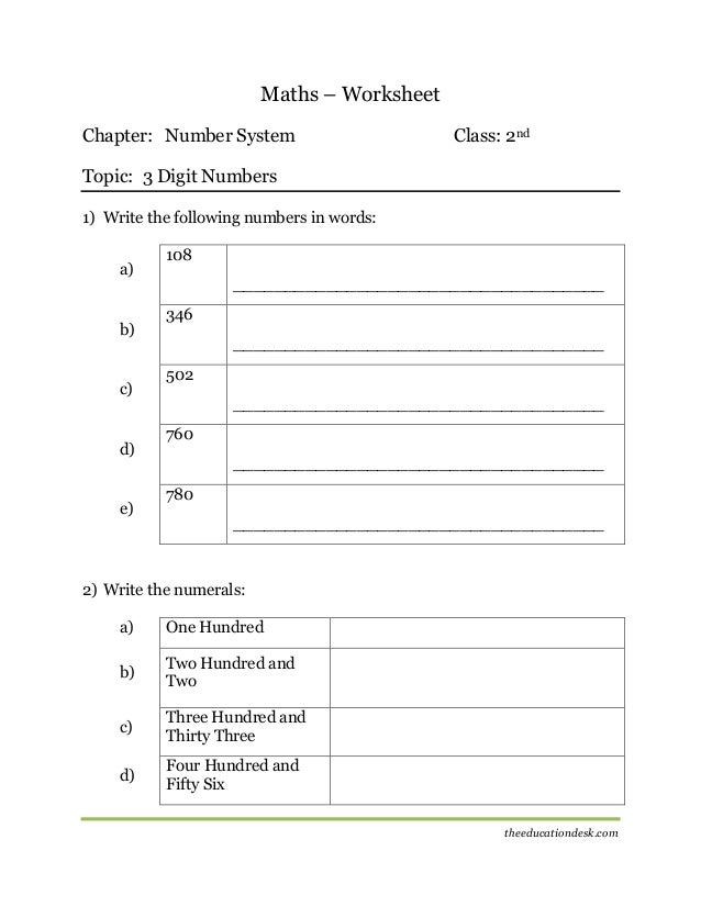 Maths: Number System Worksheet (CBSE Grade II)