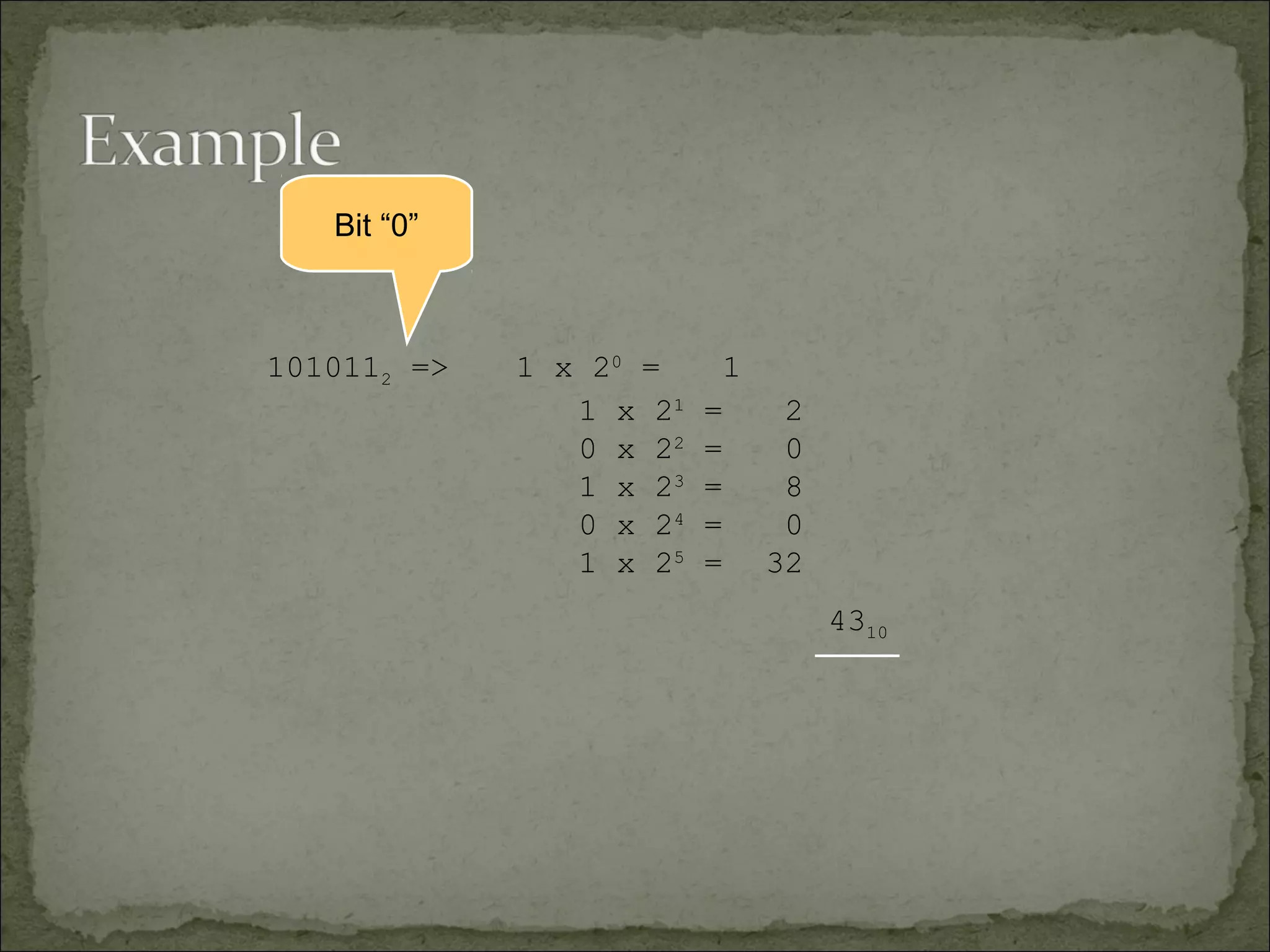 1010112 => 1 x 20 = 1 
1 x 21 = 2 
0 x 22 = 0 
1 x 23 = 8 
0 x 24 = 0 
1 x 25 = 32 
4310 
Bit “0” 
 