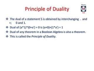 Principle of Duality 
 The dual of a statement S is obtained by interchanging . and 
+; 0 and 1. 
 Dual of (a*1)*(0+a’) ...