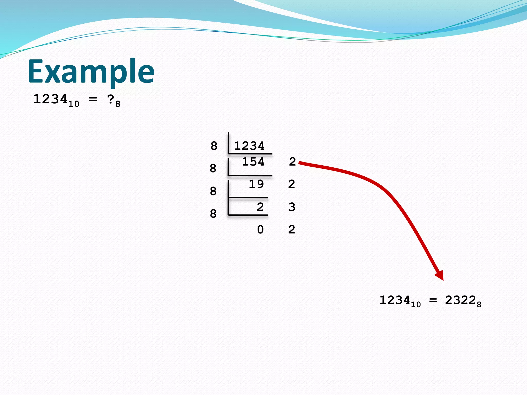 Example
123410 = ?8
8 1234
154 2
8
19 2
8
2 3
8
0 2
123410 = 23228
 