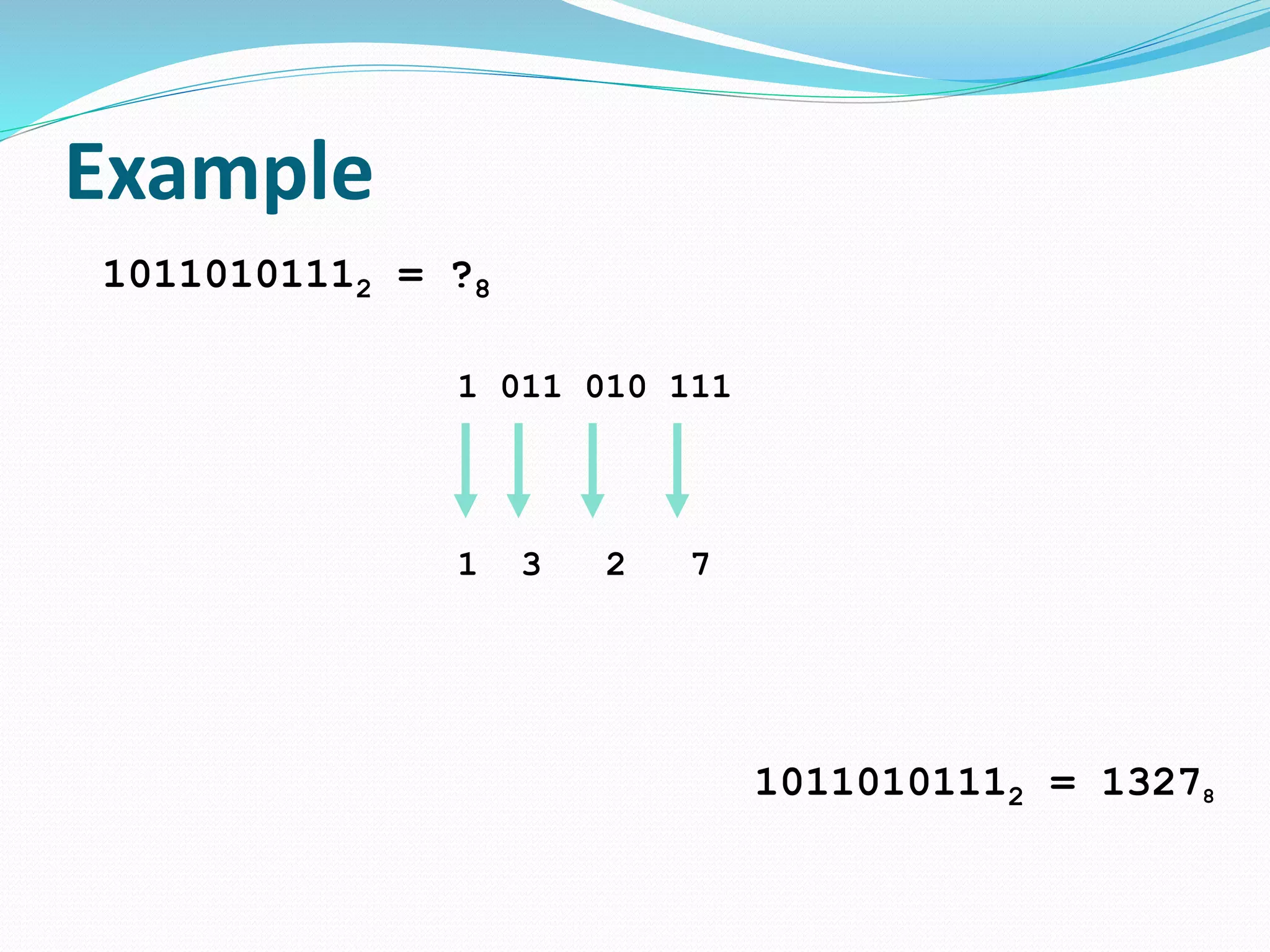 Example
10110101112 = ?8
1 011 010 111
1 3 2 7
10110101112 = 13278
 