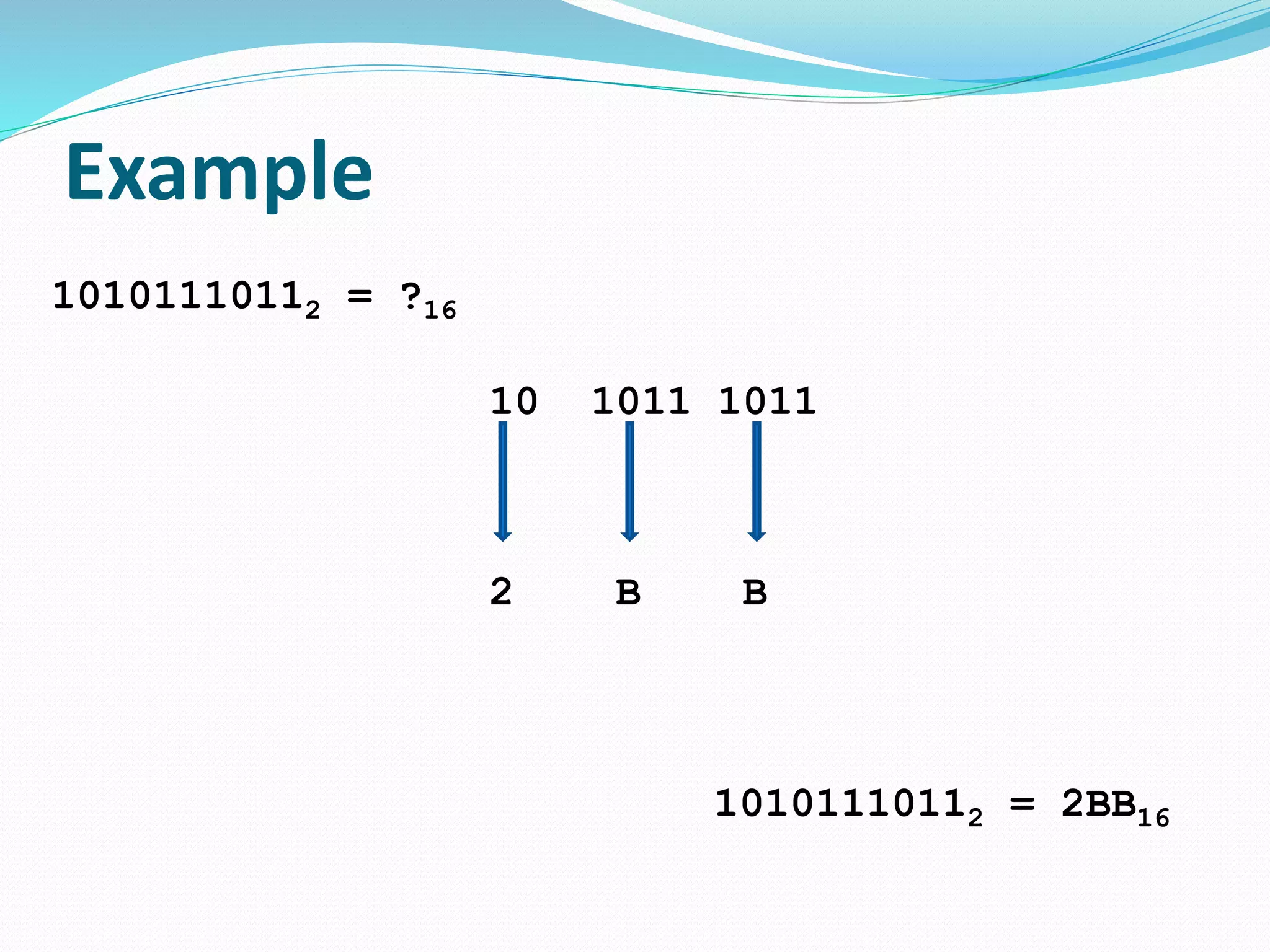 Example
10101110112 = ?16
10 1011 1011
2 B B
10101110112 = 2BB16
 