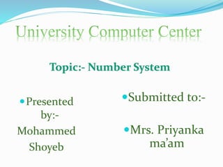 Topic:- Number System
Presented
by:-
Mohammed
Shoyeb
Submitted to:-
Mrs. Priyanka
ma’am
 