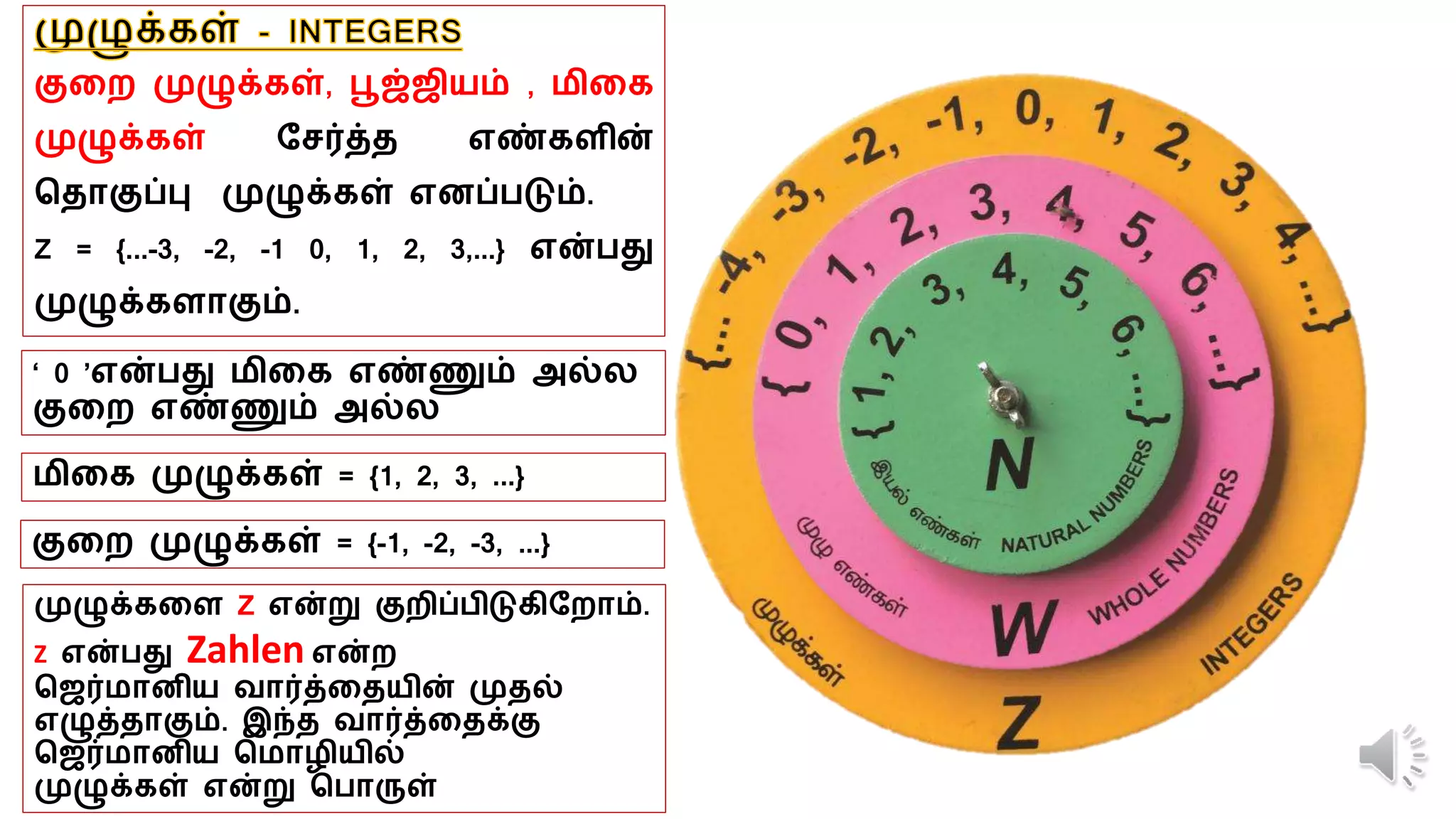 குளை முழுக்கள், பூஜ்ஜியம் , ேிளக
முழுக்கள் மசர்த்தல எண்களின்
பதலாகுப்பு முழுக்கள் எனப்படும்.
Z = {...-3, -2, -1 0, 1, 2, 3,...} என்பது
முழுக்களாகும்.
குளை முழுக்கள் = {-1, -2, -3, ...}
ேிளக முழுக்கள் = {1, 2, 3, ...}
‘ 0 ’என்பது ேிளக எண்ணும் அல்ல
குளை எண்ணும் அல்ல
முழுக்களள Z என்று குைிப்பிடுகிமைாம்.
Z என்பது Zahlen என்ை
பஜர்ோனிய வார்த்ளதலயின் முதலல்
எழுத்தலாகும். இந்தல வார்த்ளதலக்கு
பஜர்ோனிய போழியில்
முழுக்கள் என்று பபாருள்
 