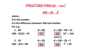 STRUCTURE FORM(81 – 100 )
100 – 2d d
where,
N is the number
d is the difference between 100 and number
For e.g.
1. 88 N = 88 d = 100 – 88 = 12
100 – 2(12) = 76 12 = 144
carry 1
2 . 93 N = 93 d = 100 – 93 = 7
100 – 2(7) = 86 7 = 49
2
77 44
86 49
2
2
 