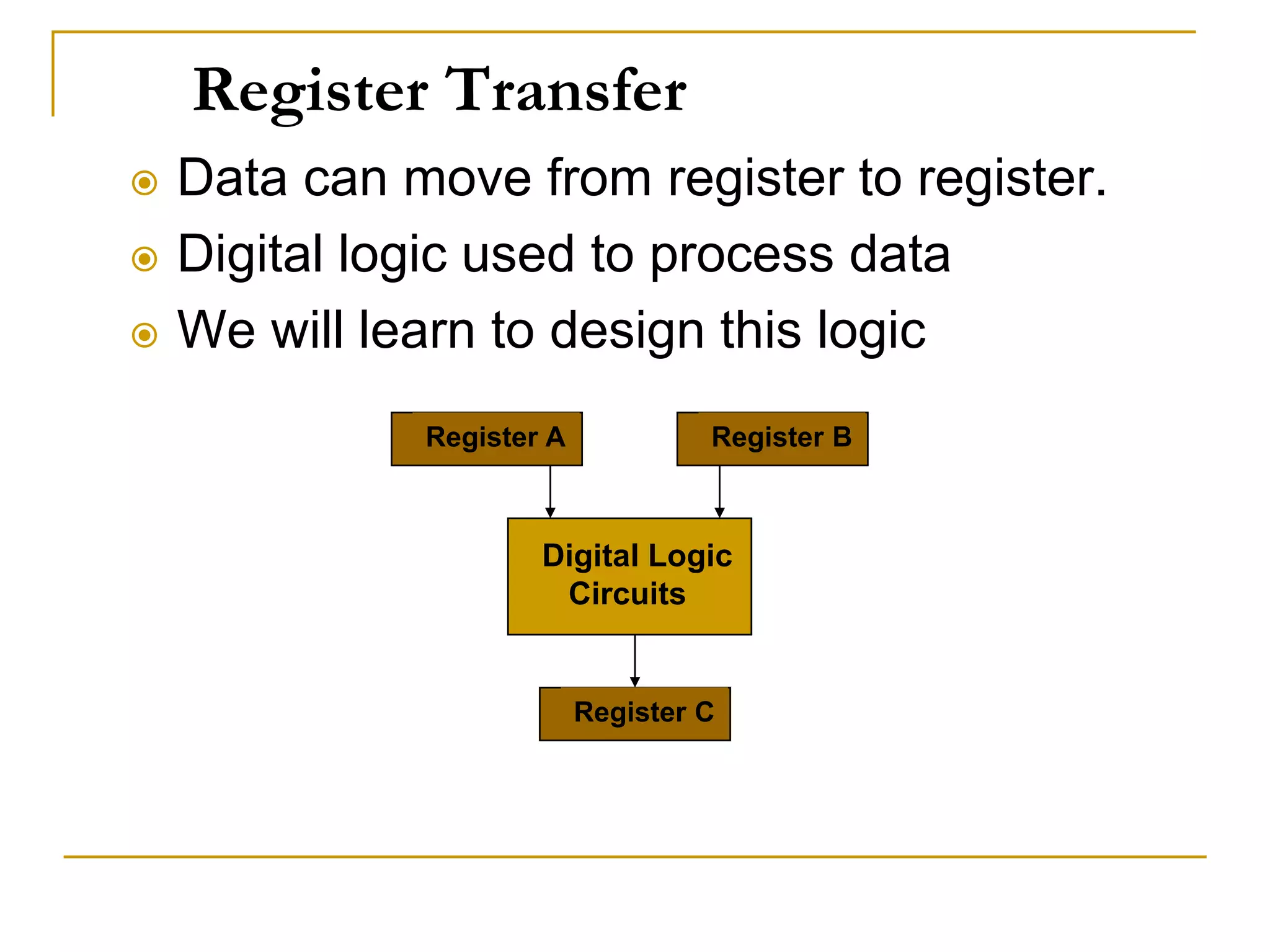 Register Transfer
 Data can move from register to register.
 Digital logic used to process data
 We will learn to design this logic
Register A Register B
Register C
Digital Logic
Circuits
 