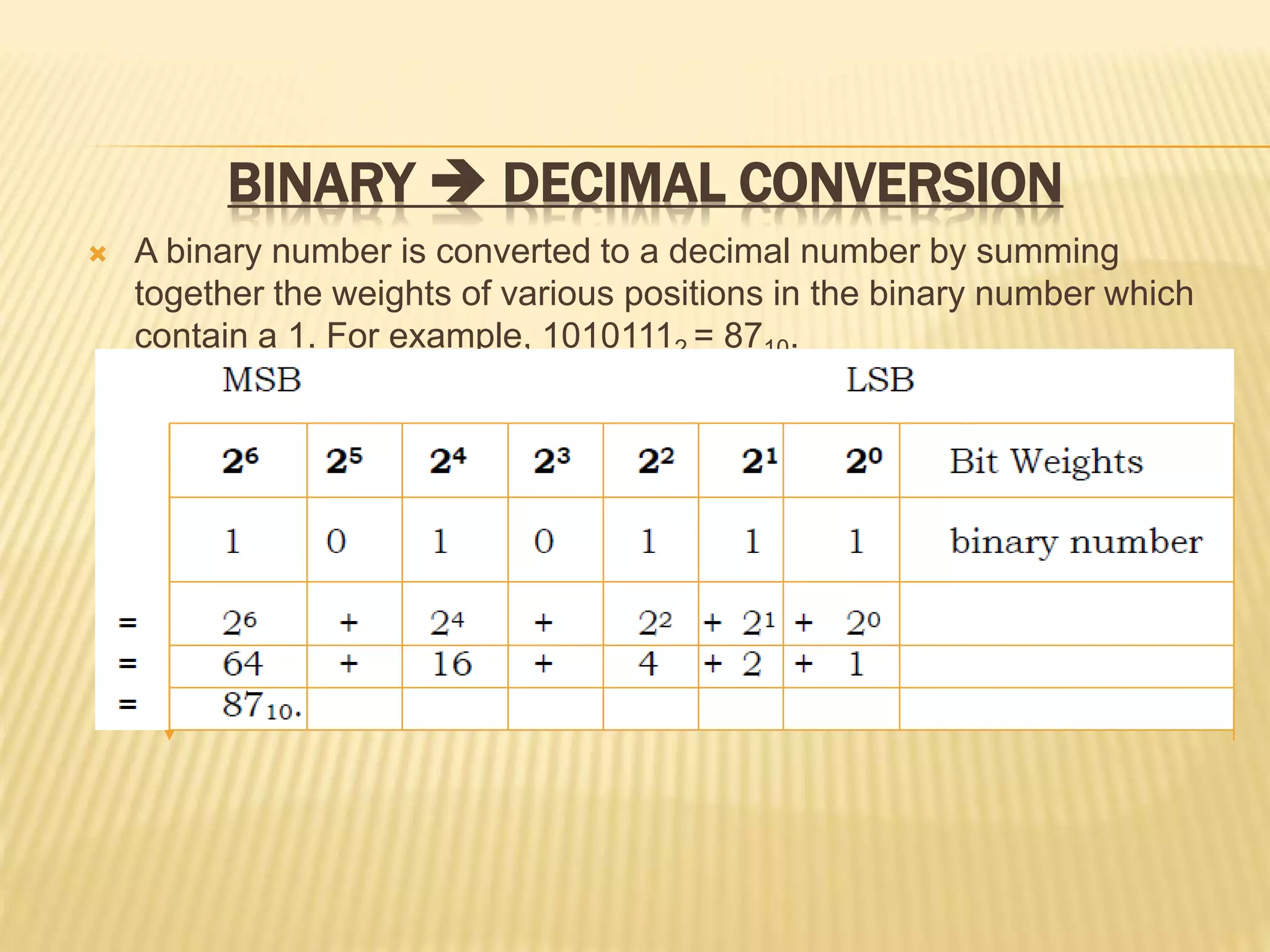 BINARY  DECIMAL CONVERSION
 A binary number is converted to a decimal number by summing
together the weights of various positions in the binary number which
contain a 1. For example, 10101112 = 8710.
 