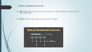 C. Binary to Hexadecimal Conversion:
 Step 1: Divide the binary number into groups of four digits starting from right to left i.e.
from LSB to MSB
 Step 2: Convert these groups into equivalent hex digits.
 