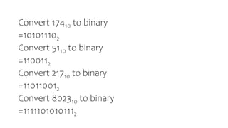 Convert 17410 to binary
=101011102
Convert 5110 to binary
=1100112
Convert 21710 to binary
=110110012
Convert 802310 to binary
=11111010101112
 