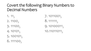 Covert the following Binary Numbers to
Decimal Numbers
1. 112
2. 11002
3. 111002
4. 101012
5. 1001012
6. 1111002
7. 10110012
8. 1111112
9. 101000112
10.110110112
 