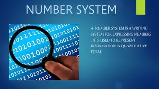 NUMBER SYSTEM
A NUMBER SYSTEM IS A WRITING
SYSTEM FOR EXPRESSING NUMBERS
. IT IS USED TO REPRESENT
INFORMATION IN QUANTITATIVE
FORM.
 