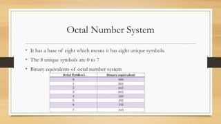 Octal Number System
• It has a base of eight which means it has eight unique symbols.
• The 8 unique symbols are 0 to 7
• ...