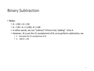 Binary Subtraction
• Note:
• A – (+B) = A + (-B)
• A – (-B) = A + (-(-B))= A + (+B)
• In other words, we can “subtract” B from A by “adding” –B to A.
• However, -B is just the 2’s complement of B, so to perform subtraction, we
• 1. Calculate the 2’s complement of B
• 2. Add A + (-B)
23
 
