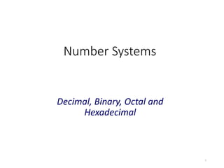 Number Systems
Decimal, Binary, Octal and
Hexadecimal
1
 