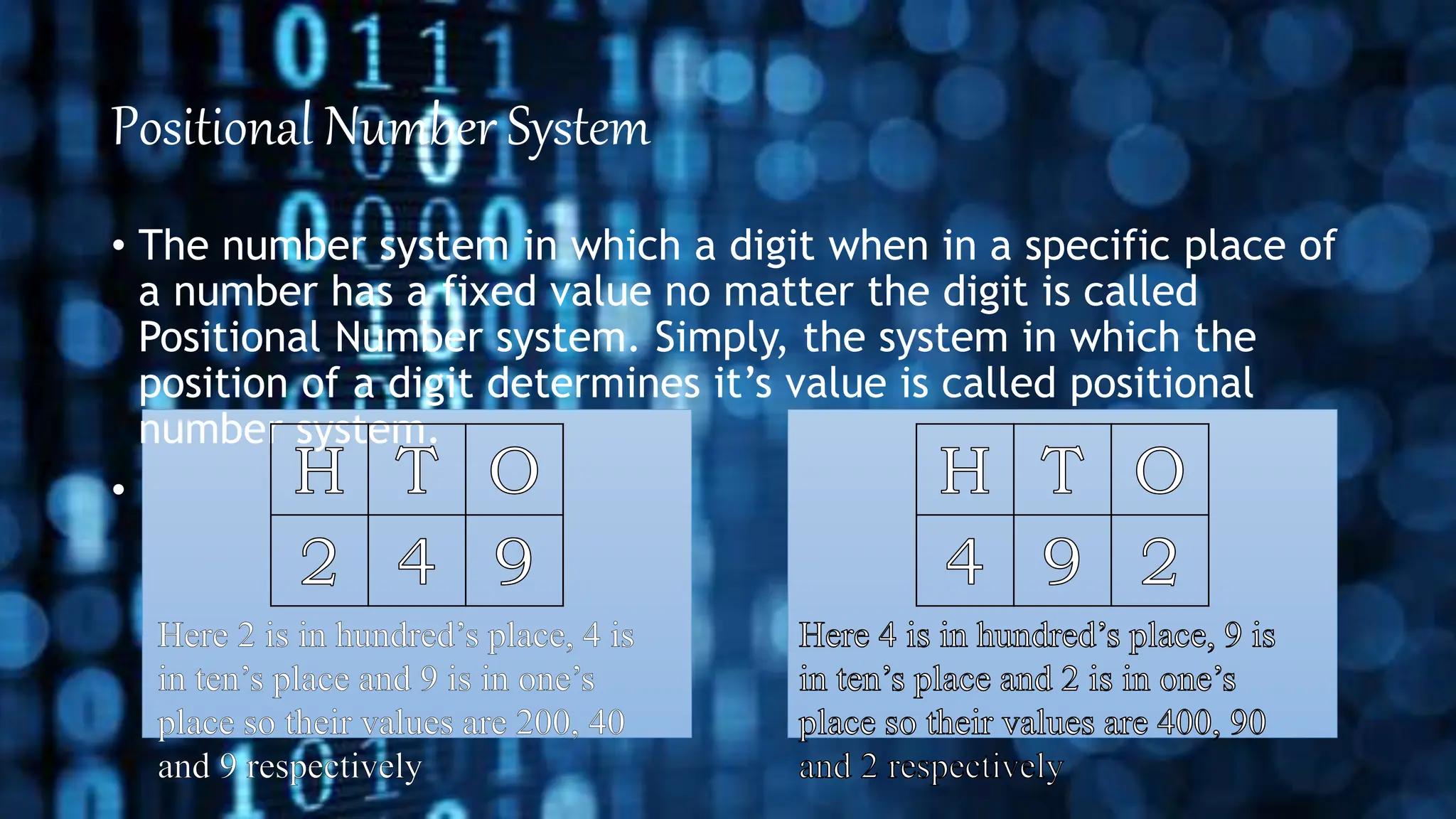 Positional Number System
• The number system in which a digit when in a specific place of
a number has a fixed value no matter the digit is called
Positional Number system. Simply, the system in which the
position of a digit determines it’s value is called positional
number system.
•
 