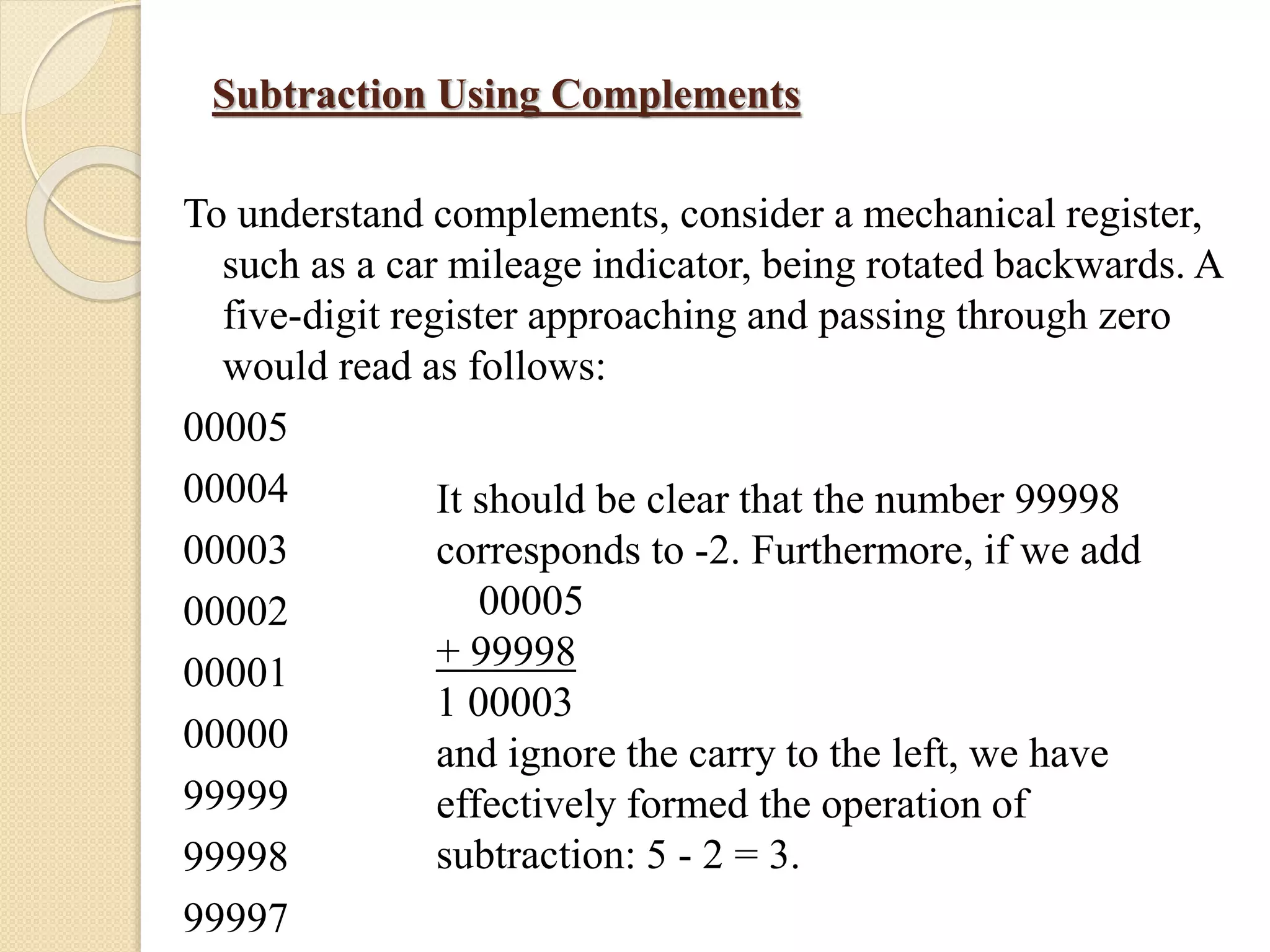 Subtraction Using Complements
To understand complements, consider a mechanical register,
such as a car mileage indicator, being rotated backwards. A
five-digit register approaching and passing through zero
would read as follows:
00005
00004
00003
00002
00001
00000
99999
99998
99997
It should be clear that the number 99998
corresponds to -2. Furthermore, if we add
00005
+ 99998
1 00003
and ignore the carry to the left, we have
effectively formed the operation of
subtraction: 5 - 2 = 3.
 