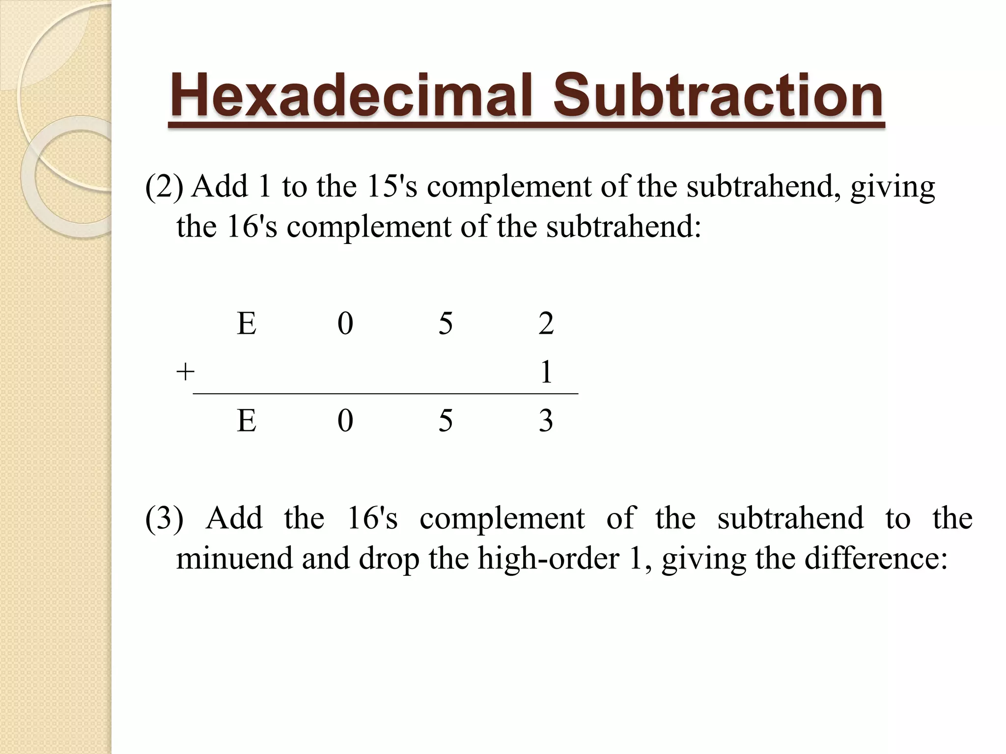 Hexadecimal Subtraction
(2) Add 1 to the 15's complement of the subtrahend, giving
the 16's complement of the subtrahend:
E 0 5 2
+ 1
E 0 5 3
(3) Add the 16's complement of the subtrahend to the
minuend and drop the high-order 1, giving the difference:
 