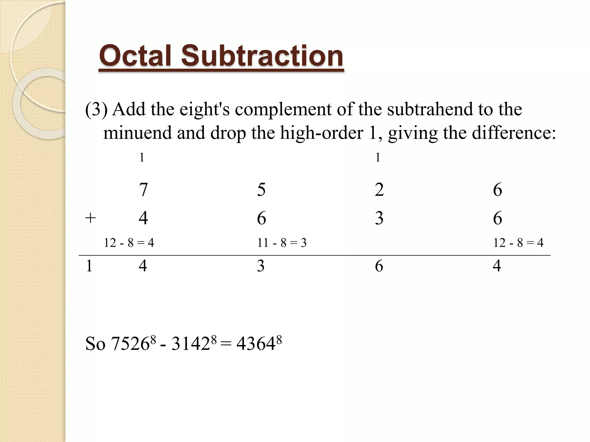 Octal Subtraction
(3) Add the eight's complement of the subtrahend to the
minuend and drop the high-order 1, giving the difference:
1 1
7 5 2 6
+ 4 6 3 6
12 - 8 = 4 11 - 8 = 3 12 - 8 = 4
1 4 3 6 4
So 75268 - 31428 = 43648
 