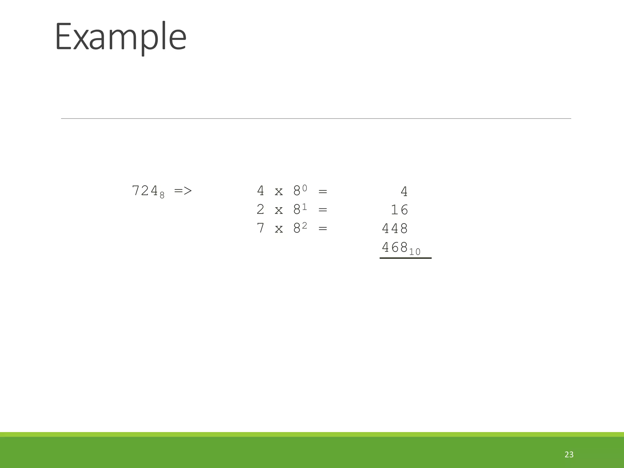Example
23
7248 => 4 x 80
2 x 81
7 x 82
= 4
= 16
= 448
46810
 