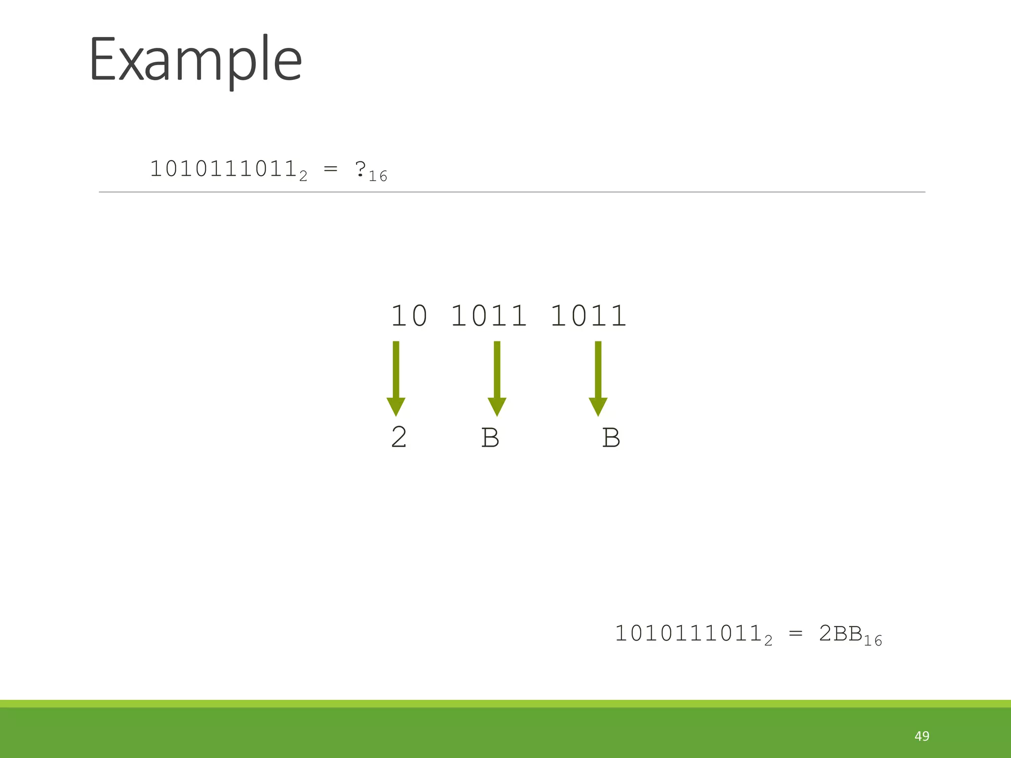Example
49
10101110112 = ?16
10 1011 1011
2 B B
10101110112 = 2BB16
 