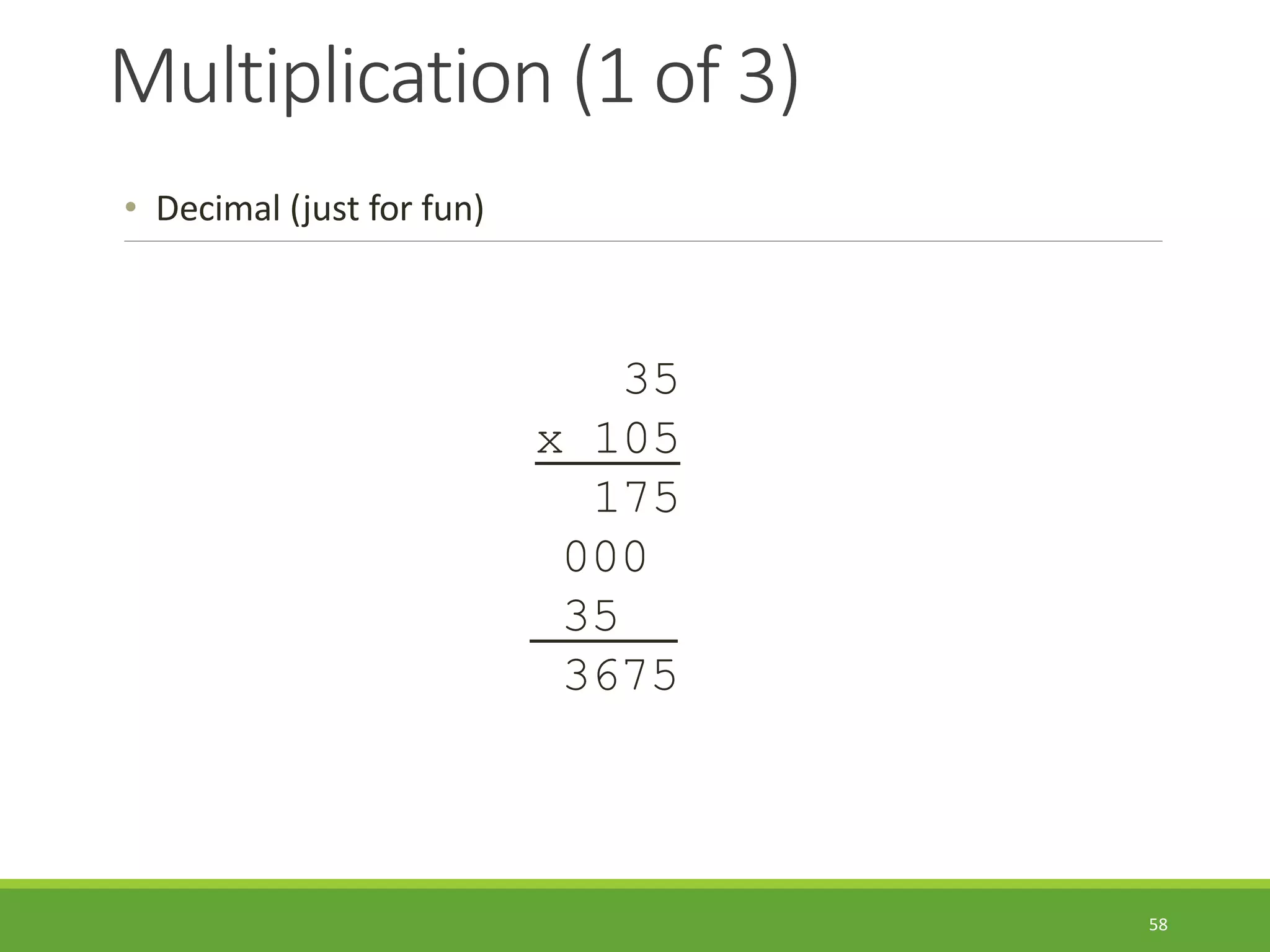 Multiplication (1 of 3)
58
• Decimal (just for fun)
35
x 105
175
000
35
3675
 