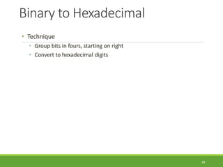 Binary to Hexadecimal
48
• Technique
• Group bits in fours, starting on right
• Convert to hexadecimal digits
 