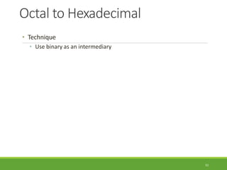 Octal to Hexadecimal
51
• Technique
• Use binary as an intermediary
 