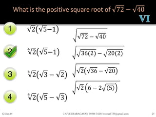 What is the positive square root of 72 − 40
2 5−1
4
2 5−1
4
2 3 − 2
12-Jun-15 C.S.VEERARAGAVAN 98948 34264 veeraa1729@gmail.com 25
4
2 5 − 3
72 − 40
36(2) − 20(2)
2 36 − 20
2 6 − 2 5
 