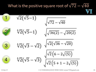 What is the positive square root of 72 − 40
2 5−1
4
2 5−1
4
2 3 − 2
12-Jun-15 C.S.VEERARAGAVAN 98948 34264 veeraa1729@gmail.com 26
4
2 5 − 3
72 − 40
36(2) − 20(2)
2 36 − 20
2 6 − 2 5
2 5 + 1 − 2 5
 