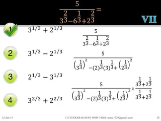 5
3
2
3−6
1
3+2
2
3
=
31 3
+ 21 3
31 3
− 21 3
21 3
− 31 3
32 3
+ 22 3
12-Jun-15 C.S.VEERARAGAVAN 98948 34264 veeraa1729@gmail.com 29
5
3
2
3−6
1
3+2
2
3
5
3
1
3
2
−(2)
1
3(3)
1
3+ 2
1
3
2
5
3
1
3
2
−(2)
1
3(3)
1
3+ 2
1
3
2 𝑥
3
1
3+2
1
3
3
1
3+2
1
3
 