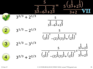 5
3
2
3−6
1
3+2
2
3
=
32 3
+ 21 3
31 3
− 21 3
21 3
− 31 3
32 3
+ 22 3
12-Jun-15 C.S.VEERARAGAVAN 98948 34264 veeraa1729@gmail.com 30
5
3
2
3−6
1
3+2
2
3
5
3
1
3
2
−(2)
1
3(3)
1
3+ 2
1
3
2
5
3
1
3
2
−(2)
1
3(3)
1
3+ 2
1
3
2 𝑥
3
1
3+2
1
3
3
1
3+2
1
3
5 3
1
3+2
1
3
3+2
 